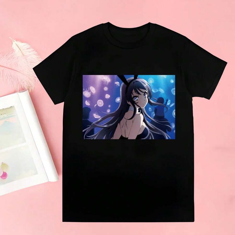 Camiseta Bunny Girl Senpai SakurA1Jima Mai, divertida y original, con cuello redondo, para hombre, para mujer, con humor, regalo, estilo streetwear. Camiseta unisex de algodón grueso de 220 g, textura suave y tacto agradable, cómoda y respetuosa con la piel. Su estilo clásico y sencillo nunca pasa de moda, ideal para el día a día, actividades deportivas, viajes, vacaciones y cualquier ocasión informal. - Negro - Ver 1