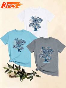 Women's T-Shirts, Women's T-Shirts, Casual One-Piece Floral Print T-Shirt, Comfortable Short-Sleeved Round Neck Top, Versatile Basic T-Shirt And A. - 1件白色隨機圖案 - 查看 6