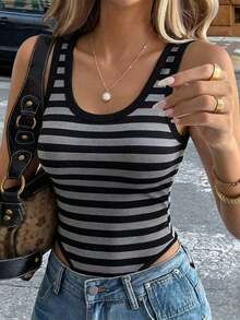 Mono de punto acanalado de unicolor minimalista para uso diario y casual de mujer, con cuello de pico ajustado y sin mangas - Negro 2 - Ver 5