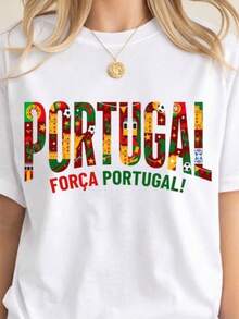 World Cup 2026 Country Teams Shirts, National Football Nations Shirts Portugal Women's Fashionable Casual T-Shirt With Creative Print, Short Sleeve, Round Neck, For Spring And Summer T-Shirt Women Festive Celebration Shirt Party Wear Top - 彩色 - 查看 1