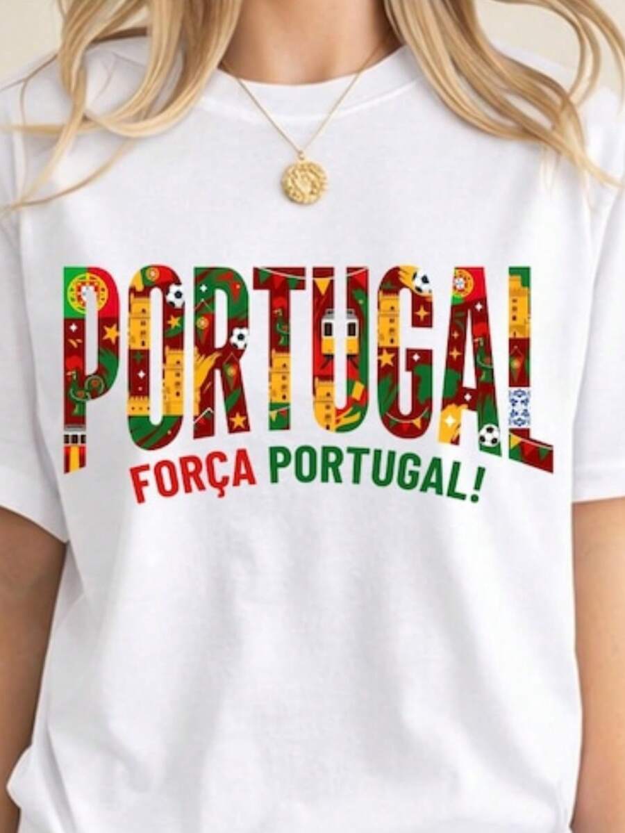 World Cup 2026 Country Teams Shirts, National Football Nations Shirts Portugal Women's Fashionable Casual T-Shirt With Creative Print, Short Sleeve, Round Neck, For Spring And Summer T-Shirt Women Festive Celebration Shirt Party Wear Top - 彩色 - 查看 1