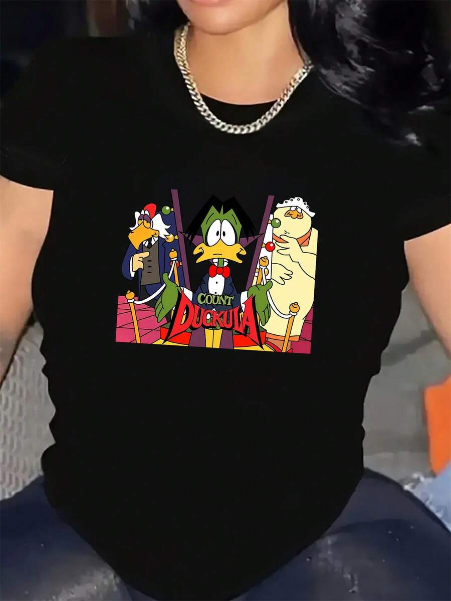 Camiseta Casual de Manga Corta para Mujer con Estampado de Dibujos Animados Vibrantes - Cuello Redondo Elástico y Suave, Lavable a Máquina, Ajuste Cómodo para Todas las Estaciones, Diseño Divertido, Tela No Transparente, Atuendo de Ocio, Top Moderno, Camisetas para Damas, Amante de la Moda