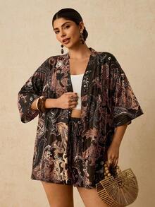 2 piezas Conjunto de talla grande Chaqueta de manga corta con estampado de leopardo, casual y de moda para uso diario - Marrón 2 - Ver 5