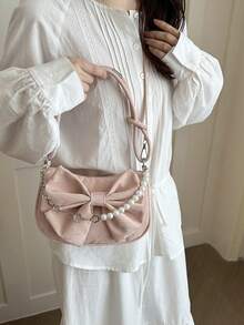 Cloud Ruched Solid Color Bow Decor Versatile Fashion Shoulder Bag - Pink - View 4
