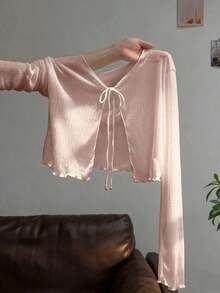 Vestido camisero con adorno de encaje, chaqueta de punto de manga larga para mujer, protección solar de verano - Rosa vieja - Ver 6