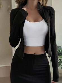 Chaqueta ajustada con cremallera, adecuada para primavera y verano - Negro - Ver 7