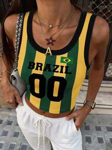 3 piezas Camiseta de mujer de cuello redondo con estampado gráfico de lemas de Brasil, Italia y España - Multicolor 2 - Ver 1