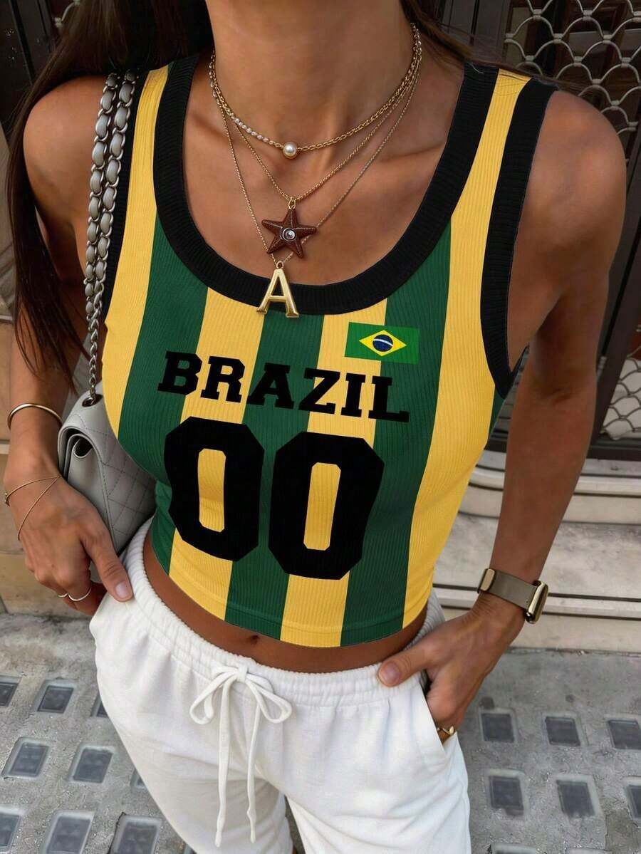 3 piezas Camiseta de mujer de cuello redondo con estampado gráfico de lemas de Brasil, Italia y España - Multicolor 2 - Ver 1