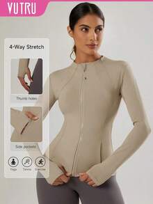 Chaqueta de manga larga para mujer con agujeros para el pulgar, 2 bolsillos, parte superior deportiva para correr y hacer ejercicio, color negro, primavera - Caqui - Ver 9