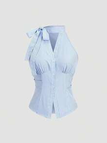 Blusa de mujer de nueva llegada sin mangas con lazo en la cintura y rayas ajustada - Azul - Ver 8
