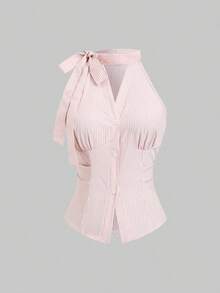 Blusa de mujer de nueva llegada sin mangas con lazo en la cintura y rayas ajustada - Rosado Sandía - Ver 8