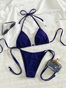 Bikini de 2 piezas de unicolor con escote halter y lazos, sexy y elegante para playa, vacaciones, viajes y fiestas. Nuevo para primavera/verano - capullo blanco azul oscuro - Ver 2