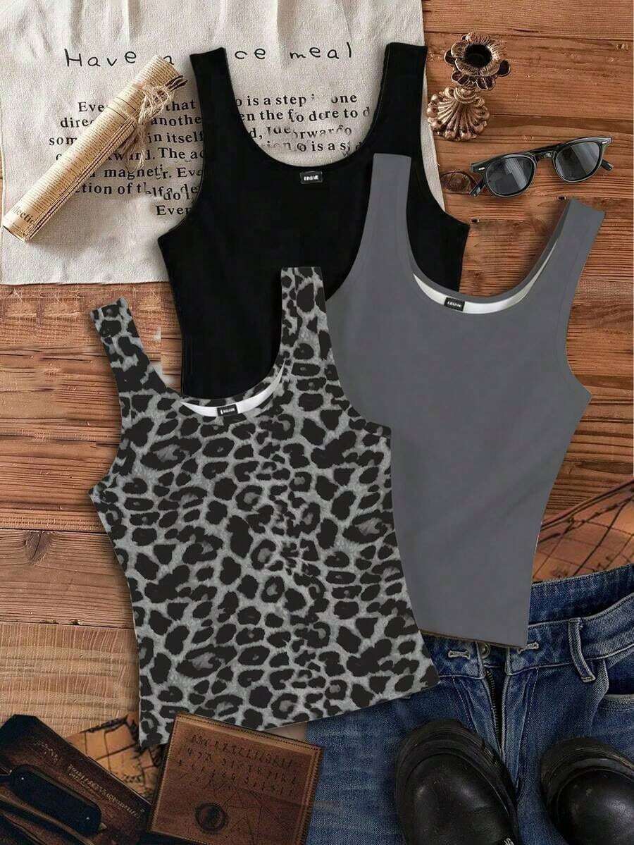 Set de 3 camisetas de tirantes de cuello redondo casuales para mujer, versátiles para el verano - Multicolor 4 - Ver 1