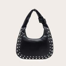 Tas Bahu Bulan Sabit Wanita, Bahan PU, Kapasitas Besar, Dekorasi Kancing, Gaya Vintage, Cocok Untuk Bepergian dan Jalan-jalan - Hitam - View 6