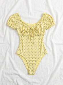 Body con estampado floral de hombros descubiertos ribete fruncido con nudo delantero pecho con fruncido - amarillo ganso - Ver 4