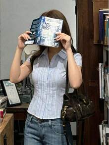 Blusa blanca de manga corta ajustada con cuello para mujer, de unicolor, para el verano - Azul - Ver 3