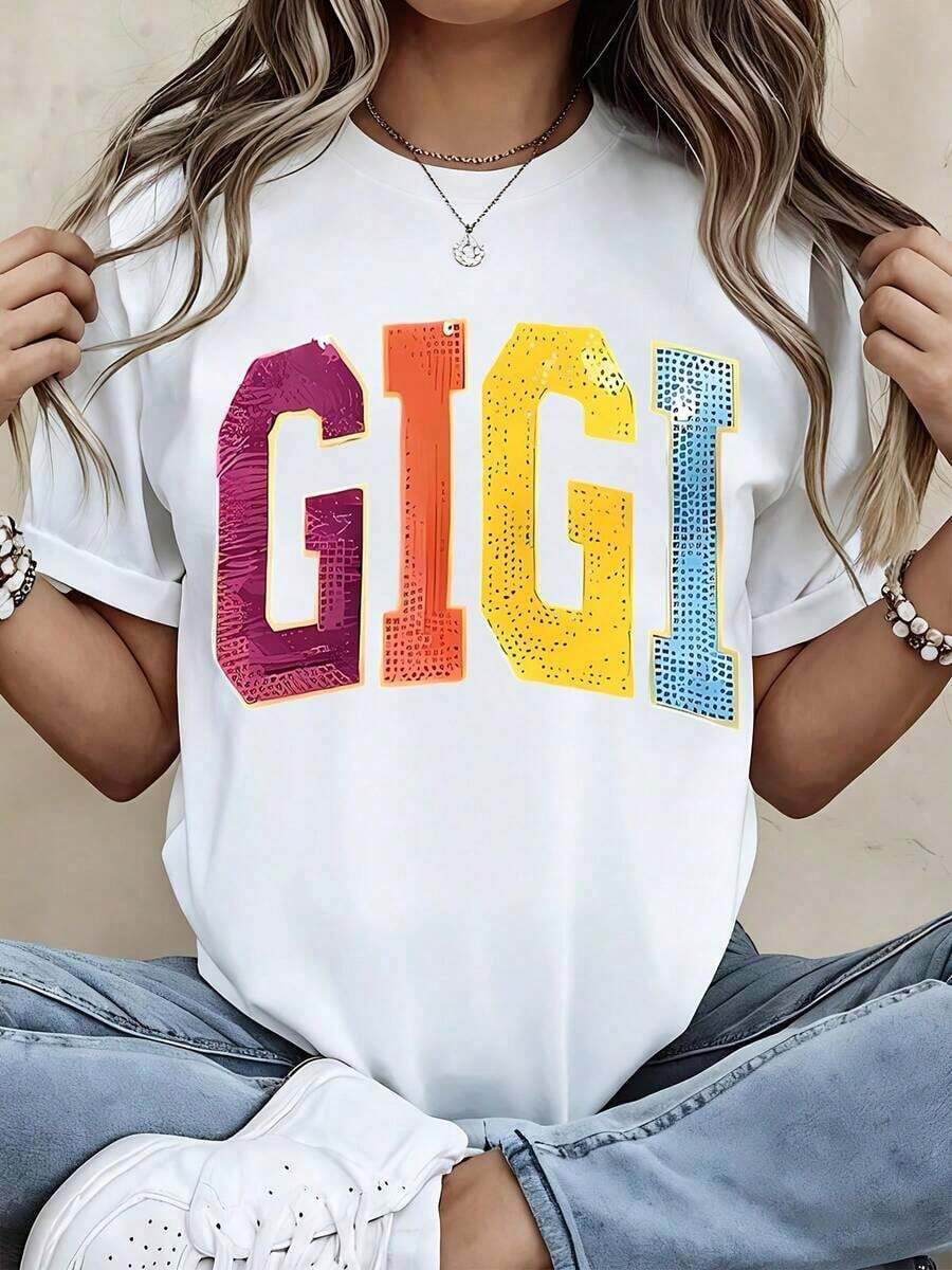 1 Piece Women's Crew Neck T-Shirt With Colorful Gigi Print, Short Sleeve, Casual Urban Style, 180g 100% Cotton - 白色 - 查看 1