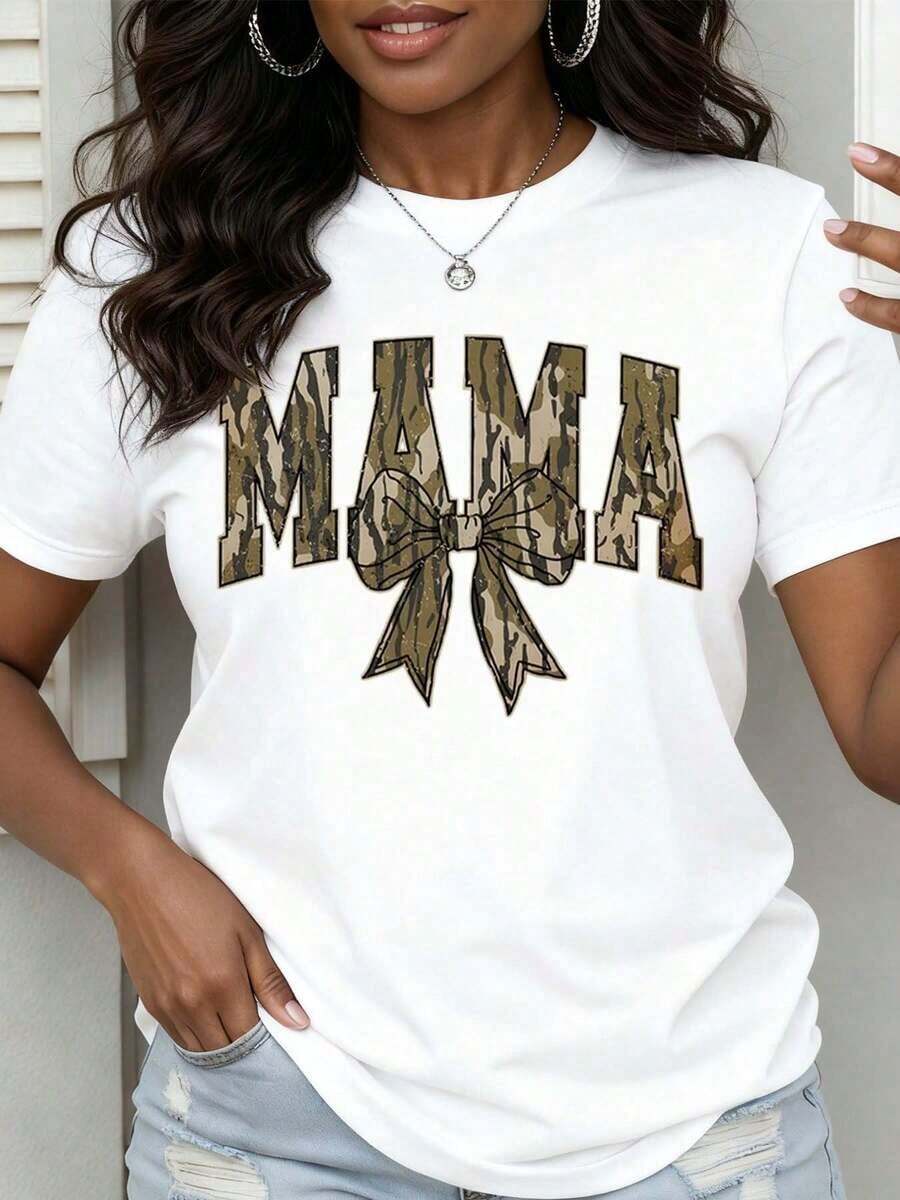 1 Piece Women's Round Neck T-Shirt With Camouflage Print And "Mama" Bow, Soft, Comfortable And Breathable Fabric, Versatile For All Seasons, Practical And Convenient, Fashionable Women's Clothing, Elegant And Soft Texture, Suitable For Casual And Sports Wear, Essential Garment For Holidays, 180g 100% Cotton. - 白色 - 查看 1