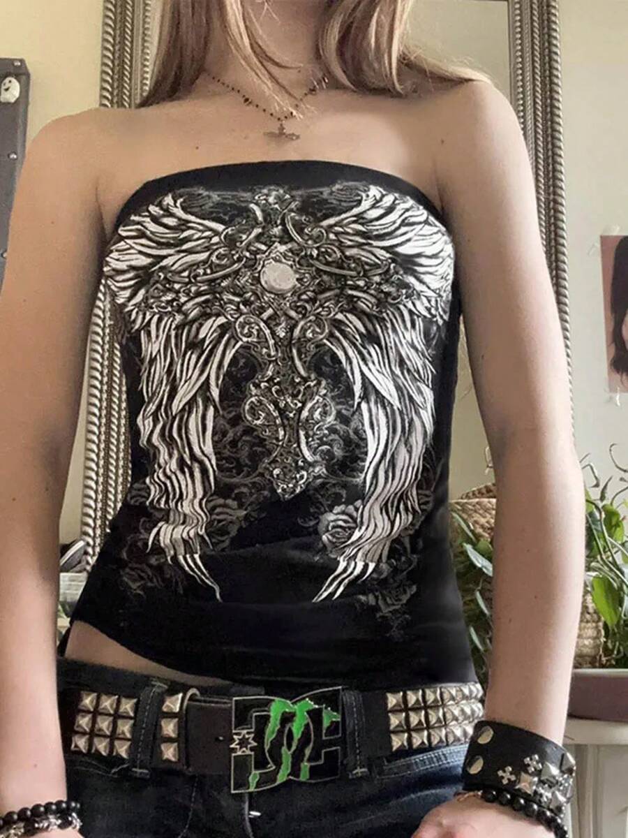 Top de tubo negro con estampado gótico para mujer, Tops cortos ajustados sin tirantes, camisetas gráficas elegantes informales de verano, ropa de calle básica y2k - Negro - Ver 1