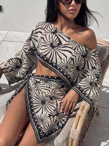 2 piezas Conjunto de pareo de manga larga con estampado floral en blanco y negro - Multicolor - Ver 10