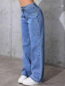 Jeans informales de pierna ancha con bolsillos para adolescentes - Azul lavado oscuro - Ver 2