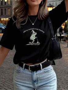 Camiseta Gráfica con Slogan de Rana Divertida para Mujer de Talla Grande, Casual de Verano - Negro - Ver 10