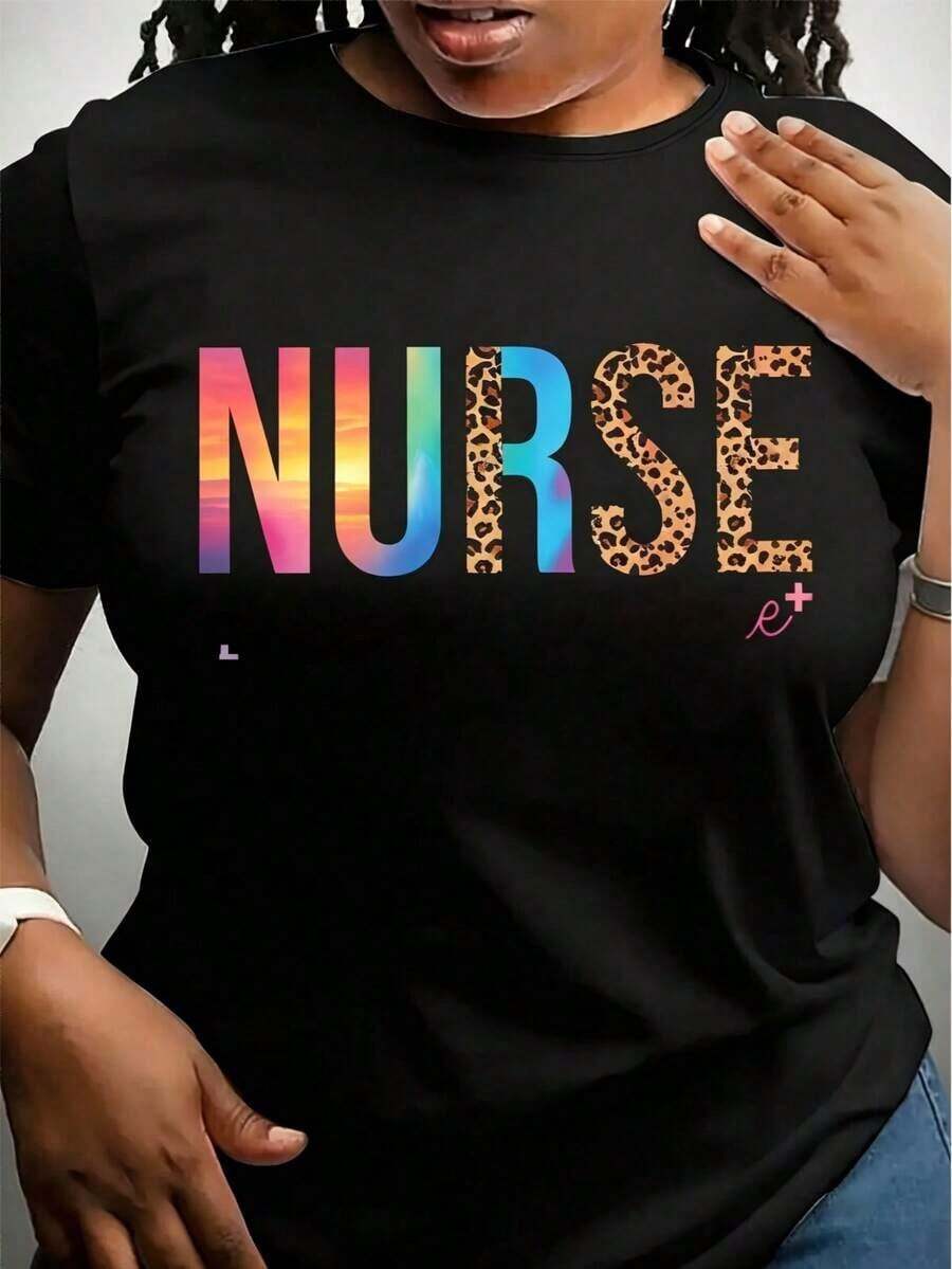 Women's Summer Set With Short-Sleeved Round Neck T-Shirt With Nursing Element Print - Hitam B - View 1
