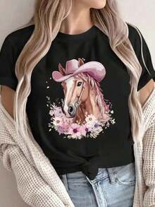 Women's Graphic T-Shirt, Short Sleeve, Round Neck, Basic, Comfortable, Cool, Lightweight, Modern, Youthful Print, Horse, Hat, Cowboy, Cowgirl, Western, Flowers, Floral, Watercolor - 黑色 - 查看 6