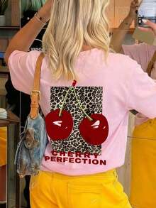 1 Piece Of Women's Summer T-Shirt With Round Neck And Short Sleeves, Leopard Print And Cherry Design, Suitable For Summer, Beach, Street, Daily Wear, Work, Office Party, Going Out, Festival, Music Festival, Valentine's Day, Casual Party, White Color. - 粉色 - 查看 5