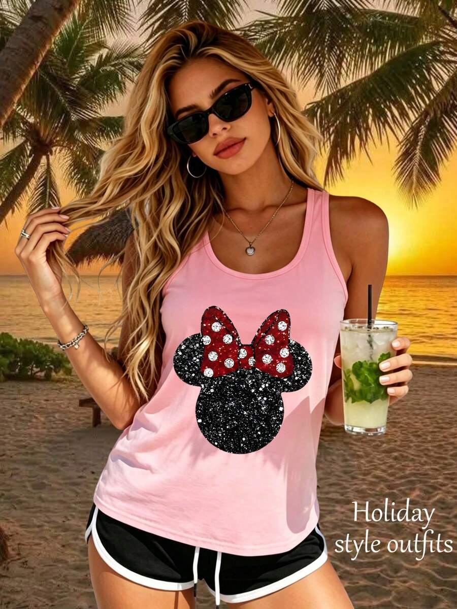 Women's Vest, Summer Casual Top, "Disney" Minnie Mouse Head With Red Bow, Shiny Polka Dots, Black Plush Ears, Festive Style Apparel, Casual And Versatile Beachwear, Suitable For Daily Wear, Women's Clothing For Beach Vacations, Vest Top - Hồng - Xem 1