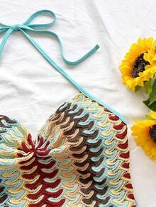 Nuevo top casual de vacaciones, estilo occidental, para invitados de boda en la playa, graduación, brunch, Día de San Patricio, vacaciones de primavera, Pascua, festival de música, elegante, bohemio, tropical, con cuello halter y lazo en la espalda - Multicolor - Ver 4