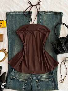 Camiseta de tirantes finos con estampado floral desgastado y parches con cuentas, estilo vintage y sexy, para verano - Café integral - Ver 2