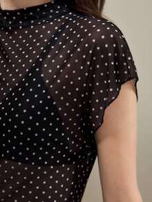 amiseta de mujer con cuello Mao, manga de murciélago y estampado de lunares transparente.Versátil para el verano, elegante para el transporte urbano, estilo académico vintage, ocasión formal de oficina Y2K, transporte urbano el - Marrón 2 - Ver 7