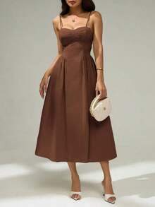 Vestido de verano elegante y estiloso de unicolor con tirantes de espagueti - Marrón - Ver 4