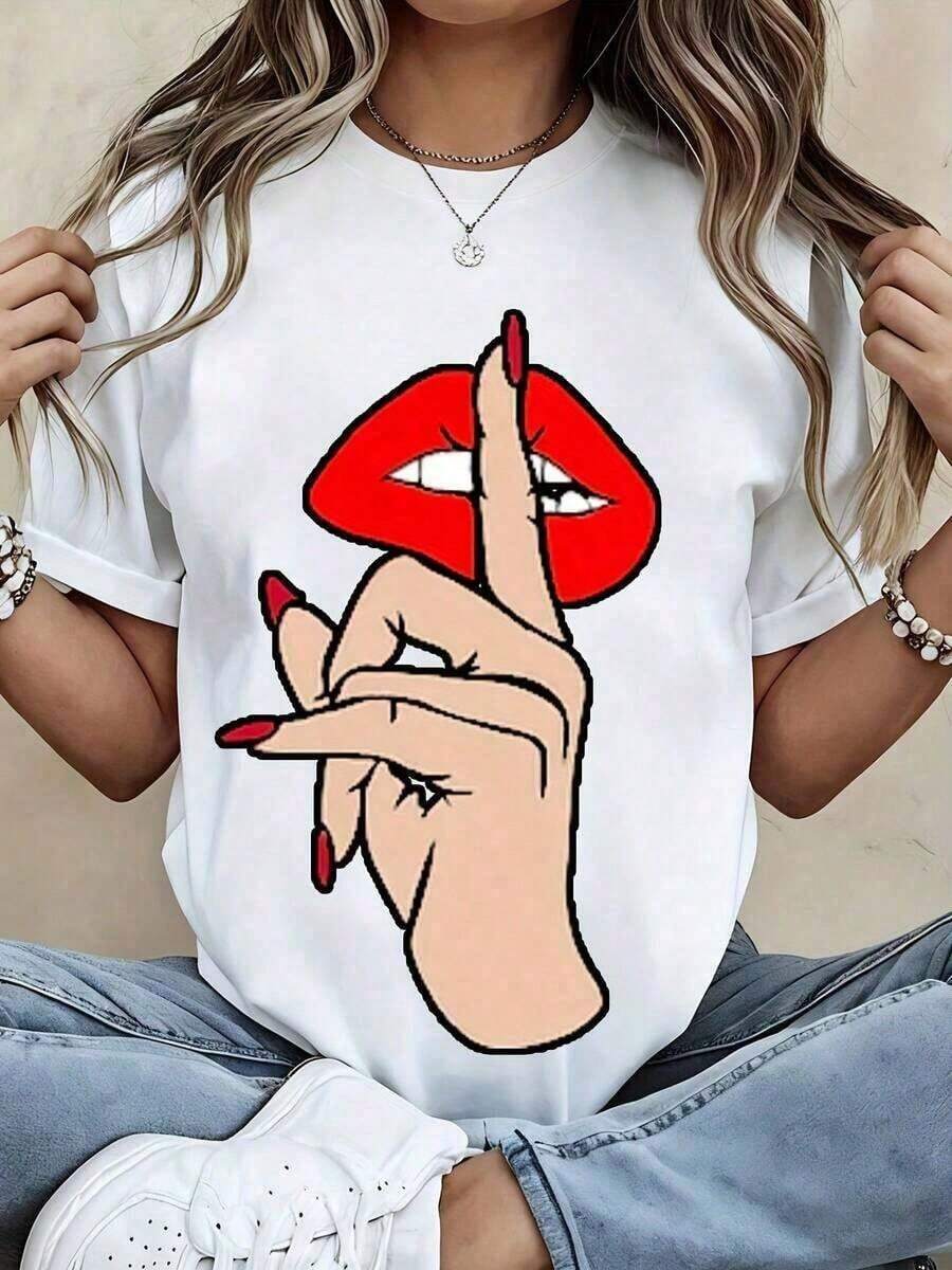 Lips And Finger Gestures Print T-Shirt, Women's Graphic Tee, Casual Summer Top, Fashion T-Shirt For Girls And Women, Gift For Thanksgiving, New Year, Christmas And Halloween - 風格 - 查看 1