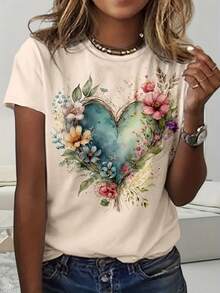 Camiseta base holgada de manga corta con cuello redondo estampado, nuevo estilo primavera/verano 2024, lavable a máquina - Adecuada para uso diario y en el hogar en primavera/verano - Albaricoque - Ver 4