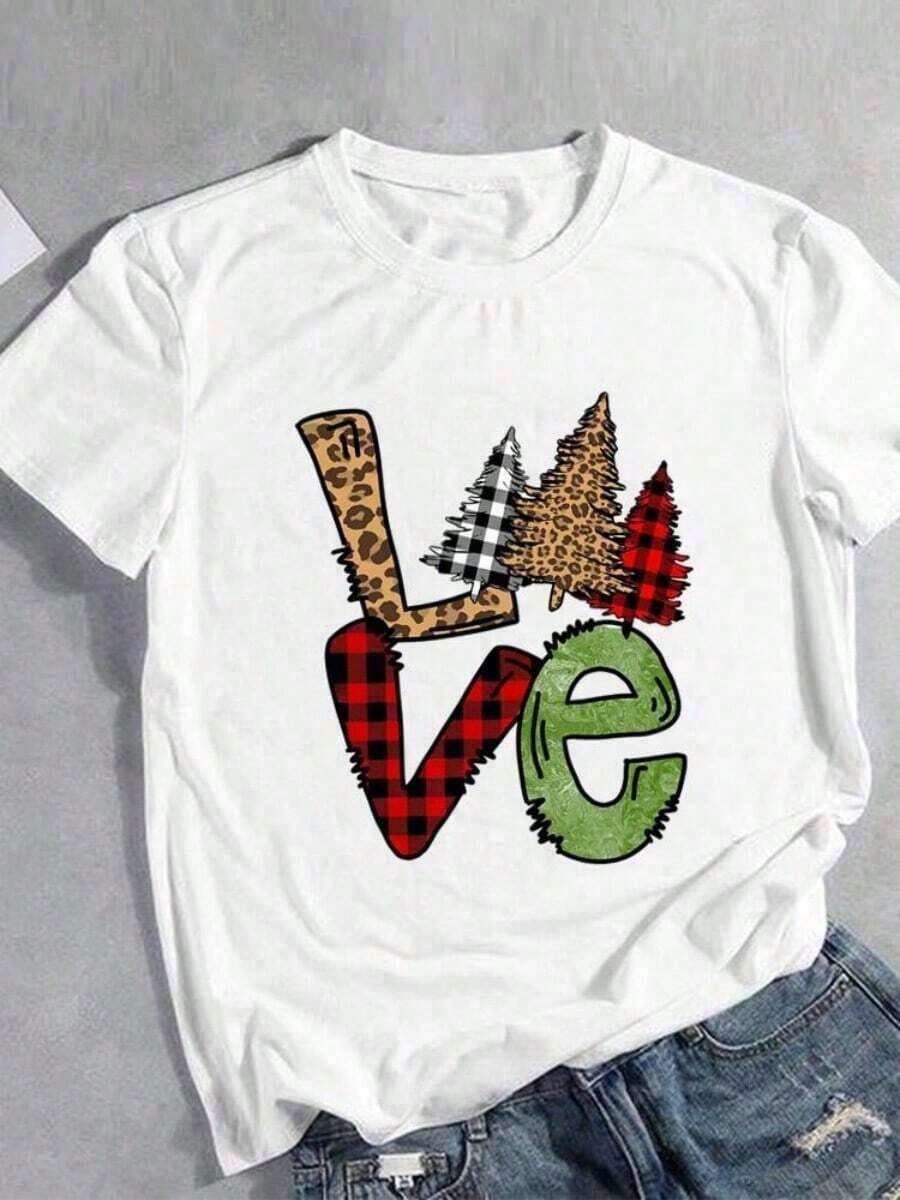 Camiseta Gráfica LOVE Audaz: Camiseta Blanca de Mujer 100% Algodón con Estampado de Animales y Letras a Cuadros - Perfecta para las Festividades del Día de los Muertos y Celebraciones del Día de los Muertos - Blanco - Ver 1