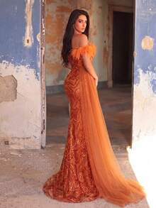 Faeriesty Đầm dạ hội maxi trễ vai xẻ cao màu cam lấp lánh dành cho nữ, thích hợp cho các bữa tiệc, dịp trang trọng, kỳ nghỉ và đám cưới. - trái cam - Xem 2