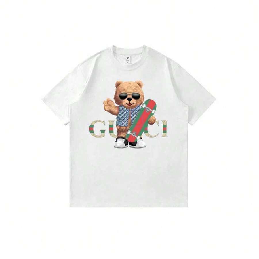 Camiseta unisex de manga corta informal de verano con estampado de osito de peluche y monopatín, estilo anime Y2K. - Blanco - Ver 1