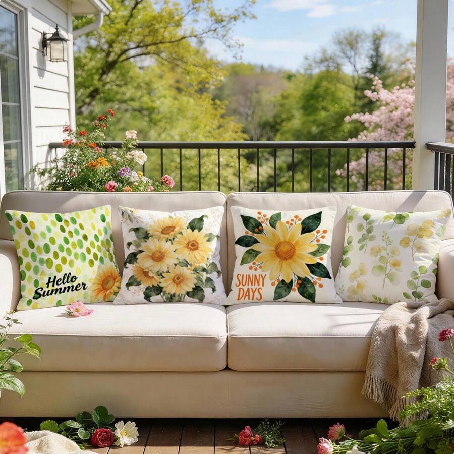 4 pièces Housses de coussin en velours imprimées avec motif tournesol d'été, 100% polyester, décoration pour salon, chambre à coucher, sans insert de coussin, 40x40cm/45x45cm/50x50cm - Multicolore 08 - Voir 1