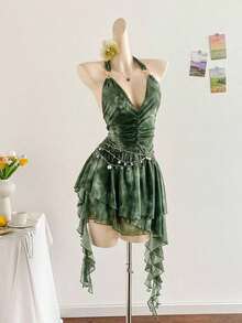 Vestido azul impreso de malla de punto con escote de halter romántico de vacaciones para mujeres - Verde - Ver 4