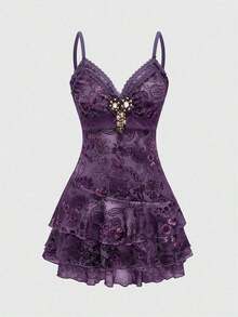 ROMWE Vestido mini con estampado de paisley, volantes, cinta y encaje inspirado en el estilo hippie vintage para mujer - Morado - Ver 1