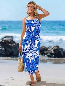 Vestido midi sin mangas con efecto tie-dye, con cintura ajustable y abertura, para el verano - Azul - Ver 4