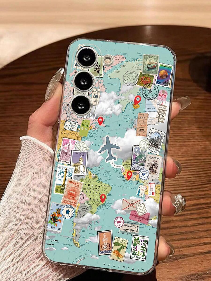 1个创意个性化飞机旅行地图印章软手机壳，兼容华为、荣耀、Galaxy A04e/12/A13/A14/A34/A50/A52/A53/A54/S21/S22/S23/S24/S25/S25Ultra/S25FE/S26/S26 PLUS/S26 ULTRA/S26 EDGE、6A/7A/8A、12T/13T/15T/15T Pro，[国际版，非国内版] - 無色 - 查看 1