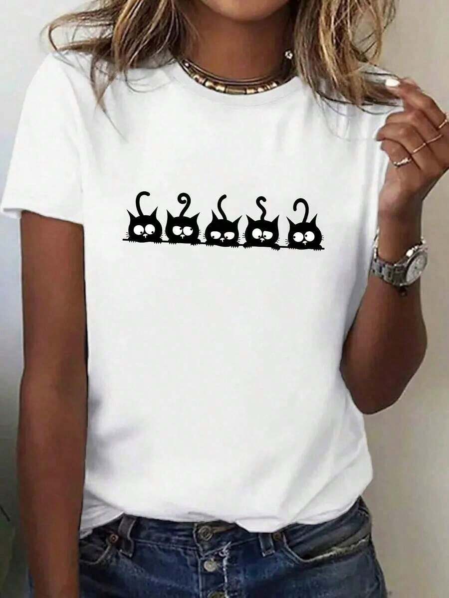 Comfortable 100% Pure, Five Cartoon Cat Silhouettes Printed T-Shirt, Spring And Summer Round Neck Short Sleeve For Women, Pure Breathable Casual Sport, Holiday Gift 100% Cotton Loose Versatile Short Sleeve T-Shirt For Women - 白色的 - 查看 1