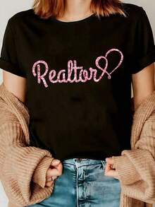 Camiseta Ajustada de Cuello Redondo para Mujer Lz251020X581 es una camiseta estampada para mujer con impresión 2D y diseño de cuello redondo, adecuada para usar en primavera, verano y otoño - Negro - Ver 1