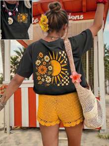 DrmWander Vacances, Primavera, Conjunto de resort para mujer, camiseta de manga corta con estampado de sol primaveral - Gris - Ver 1