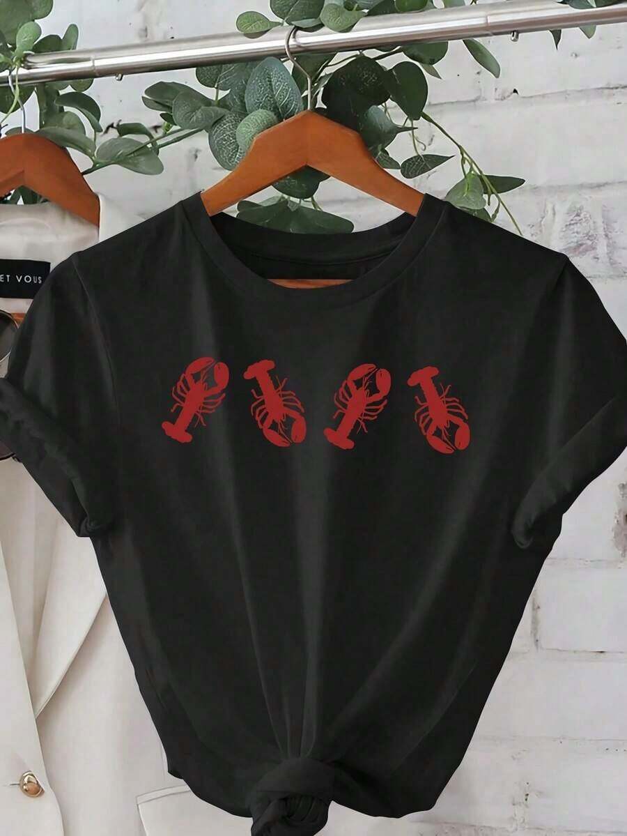 1 camiseta con estampado de langosta, de manga corta y cuello redondo, estilo casual para verano y primavera, camiseta de mujer, 180g, 100% algodón. - Negro - Ver 1