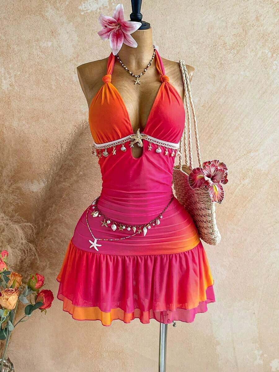 fsvsSoleia Vestido mini ajustado con cuello halter y detalle de retorcido en blanco, con accesorios metálicos, decoración de conchas, para playa y resort de vacaciones, atuendo de veranosdvs J3KE - Multicolor 3 - Ver 1