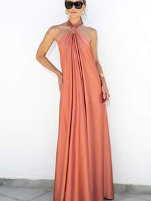 Vestido de fiesta satén elegante tirantes amplio estilo sensual ideal fiesta viaje verano mujer - Rosa Fucsia - Ver 5